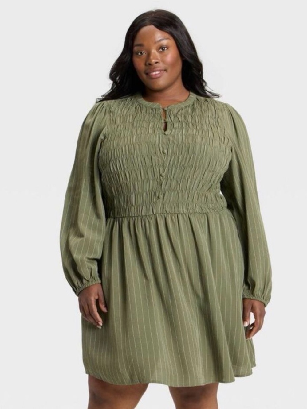 Ava & Viv Olive Green Smocked Long-Sleeve Dress Plus Size 2X NWT